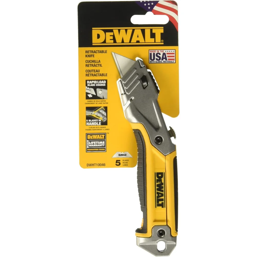 Cúter retráctil heavy duty DeWalt con cuerpo metálico para cortar cartón y embalajes